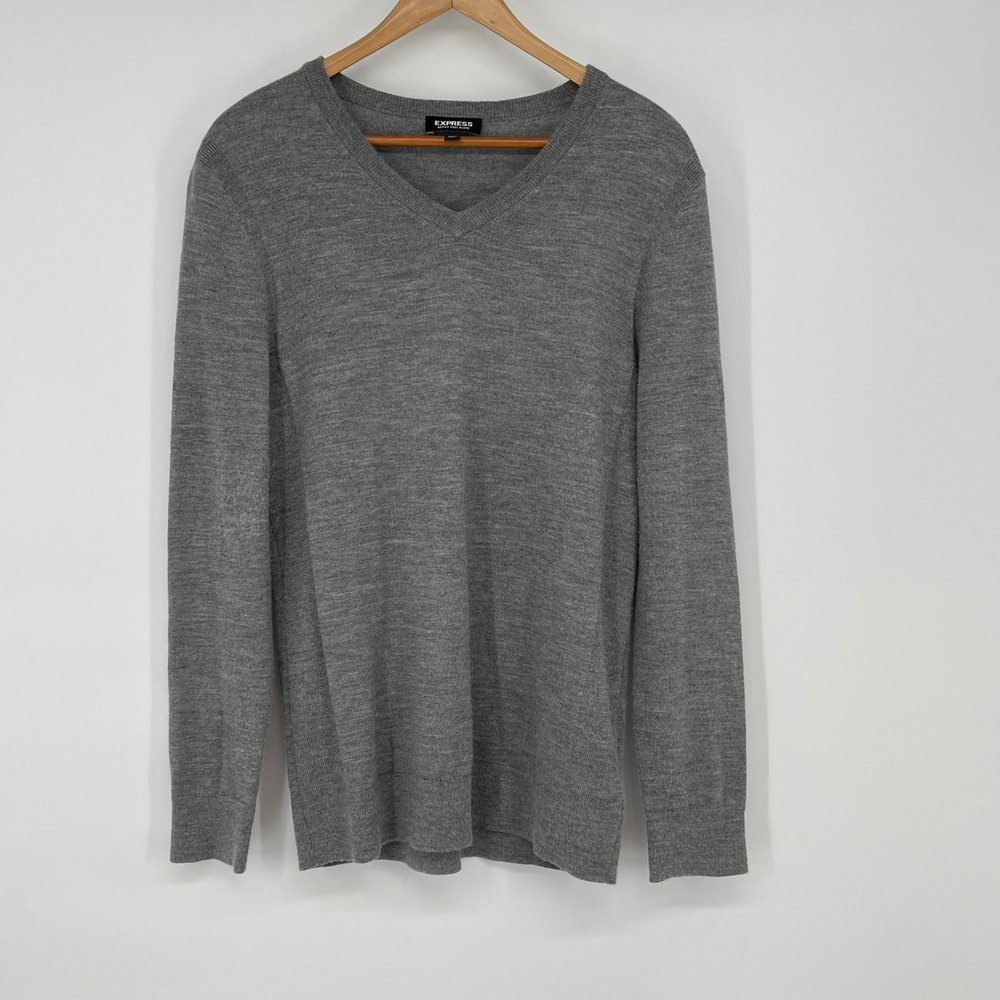 Express Men's Merino Wool Blend V Neck Sweater Size Medium Gray Long Sleeve Cozy